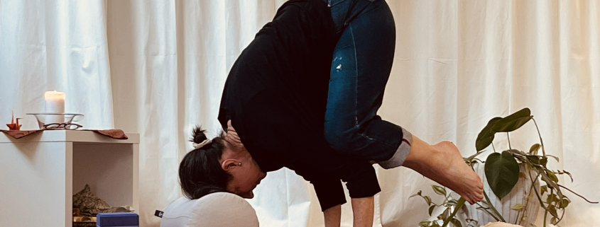 Yogapose Krähe mit dem Kopf auf einem dicken Bolster aufgestützt